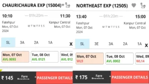 Mail/Express/Superfast Train Fare; Source-IRCTC App